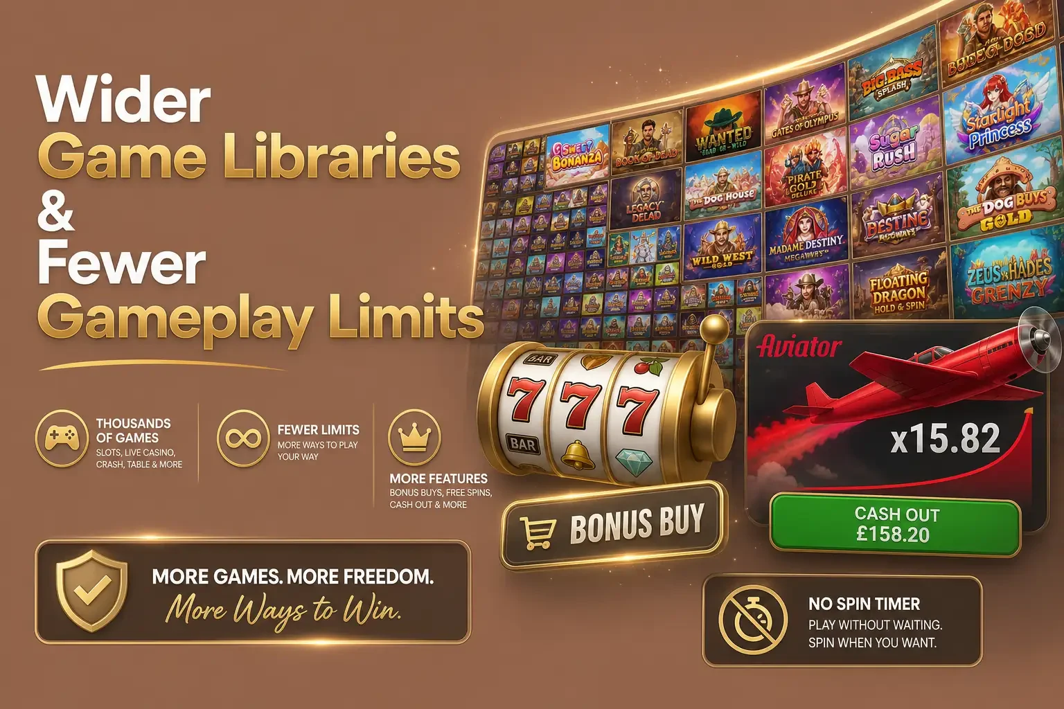 Wider game libraries and fewer gameplay limits at non-GamStop sites: bonus buy, no spin timer, cash out