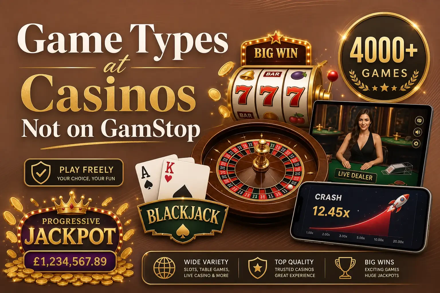 Game categories at casinos not on GamStop: slots, live casino, table games, jackpots, video poker and crash games