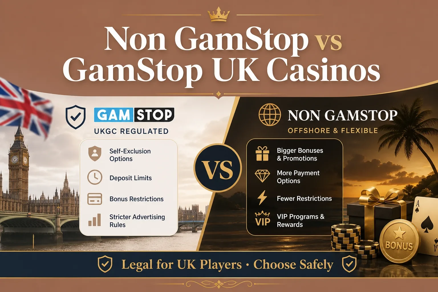 Side-by-side comparison of GamStop UKGC-regulated casinos and non-GamStop offshore casinos