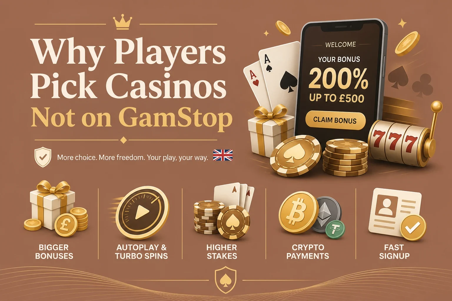 Reasons UK players choose casinos not on GamStop: bigger bonuses, autoplay and turbo spins, higher stakes, crypto payments and fast signup