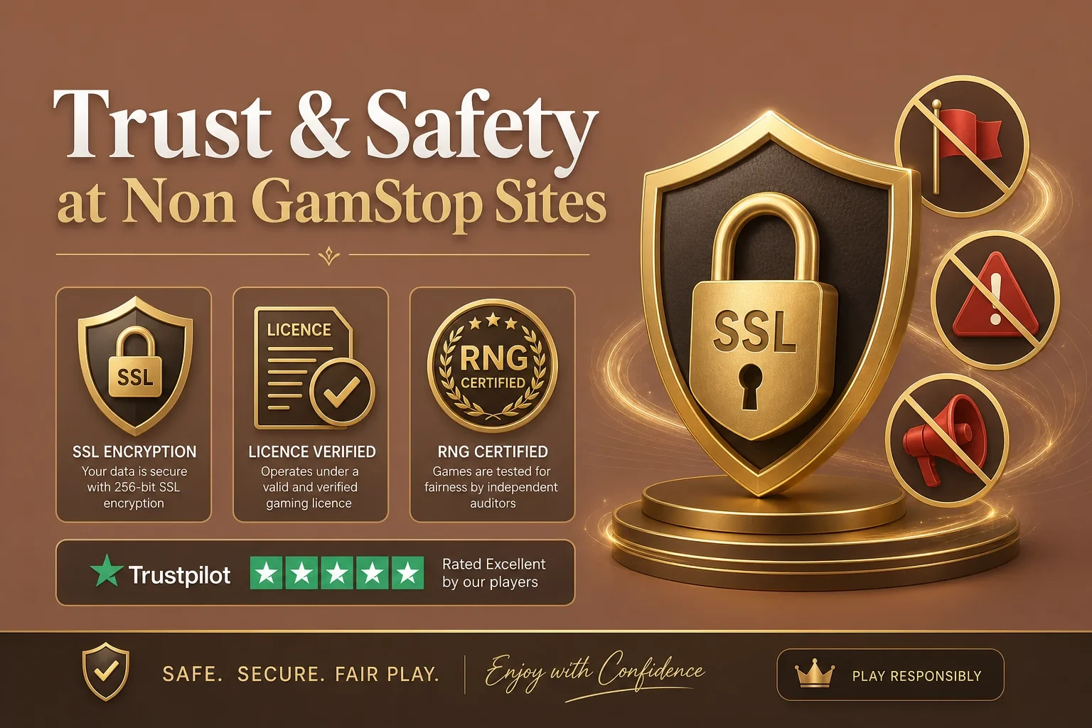 Trust and safety signals at non-GamStop sites: SSL encryption, verified licence and RNG certification